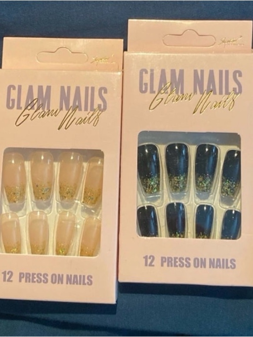 glam Press-On Nail Duo Set — Black & Nude with Gold Glitter Accents